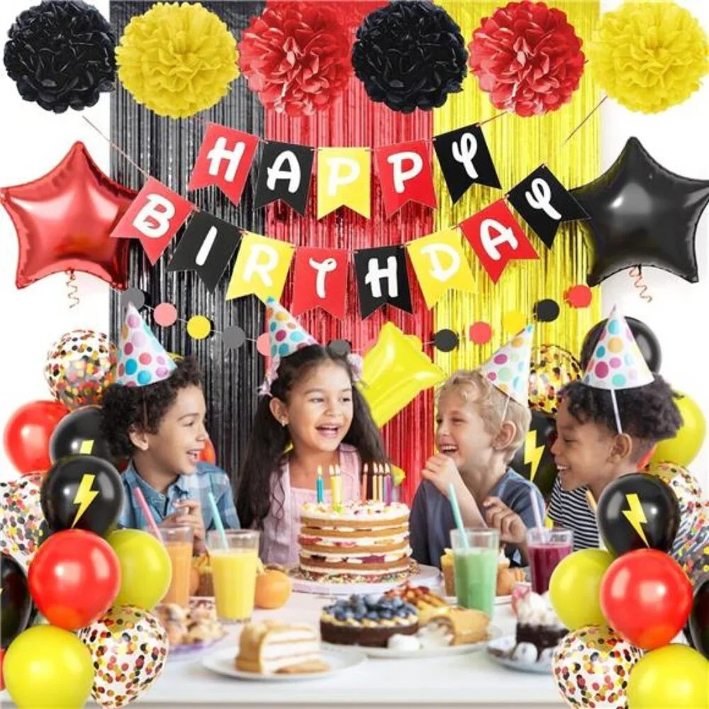 Red Yellow Black Birthday Party Decorations Balloons Banner Fringe Curtain Set